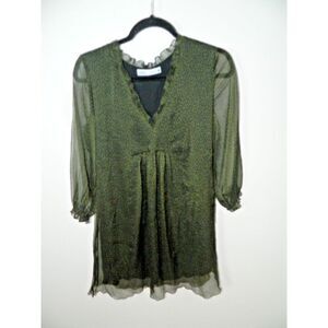 Zara Dress Size Small ‎ Green Animal Print Ruffle Detail Sheer Long Sleeve Mini